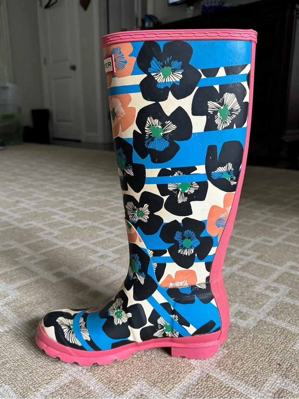 Hunter Original Tall Floral Print Rain Boots Waterproof Pink Blue Women’s US 7